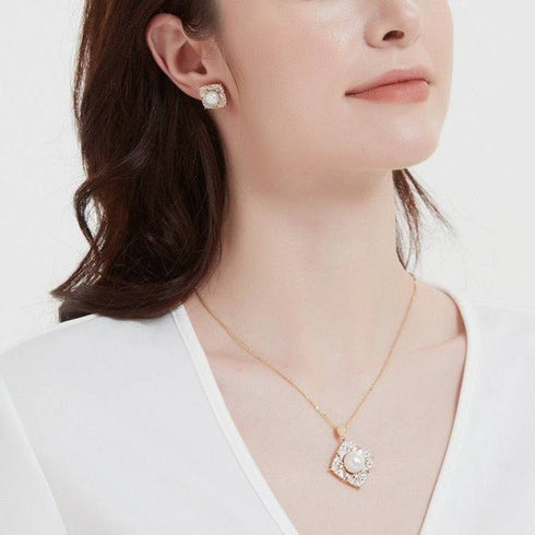 Square Pendant CZ White Freshwater Pearl Set - House Of Pearls
